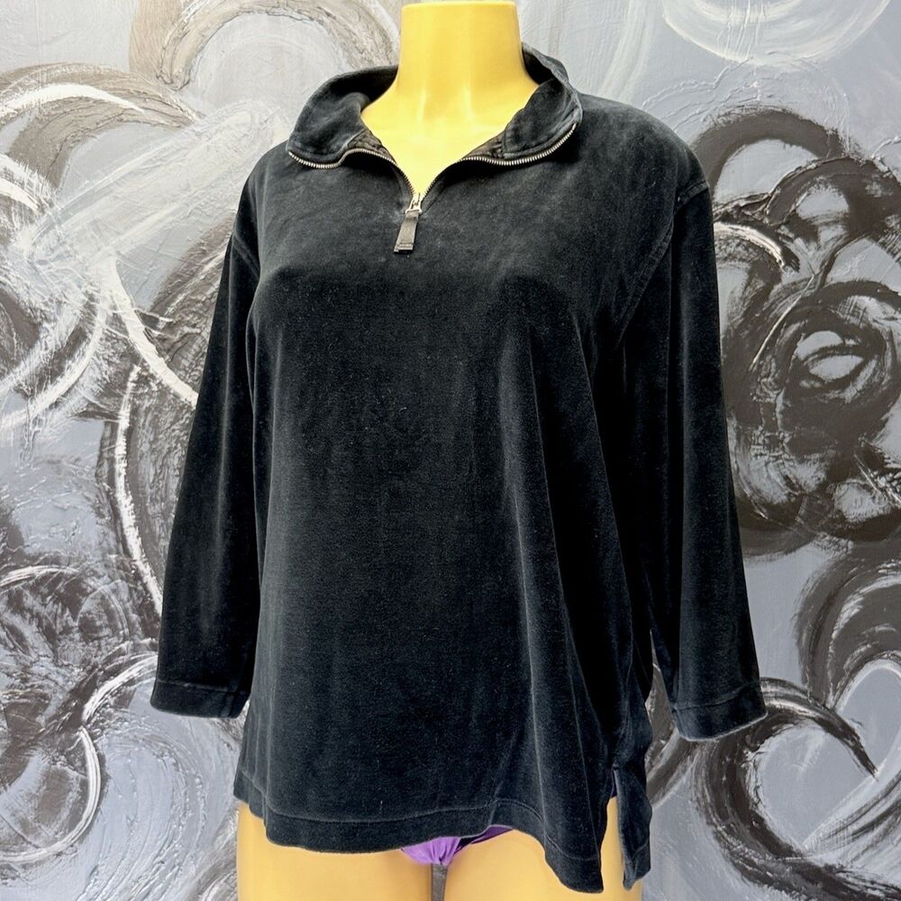 Liz Claiborne Pullover XL Black Velour Quarter Zip
